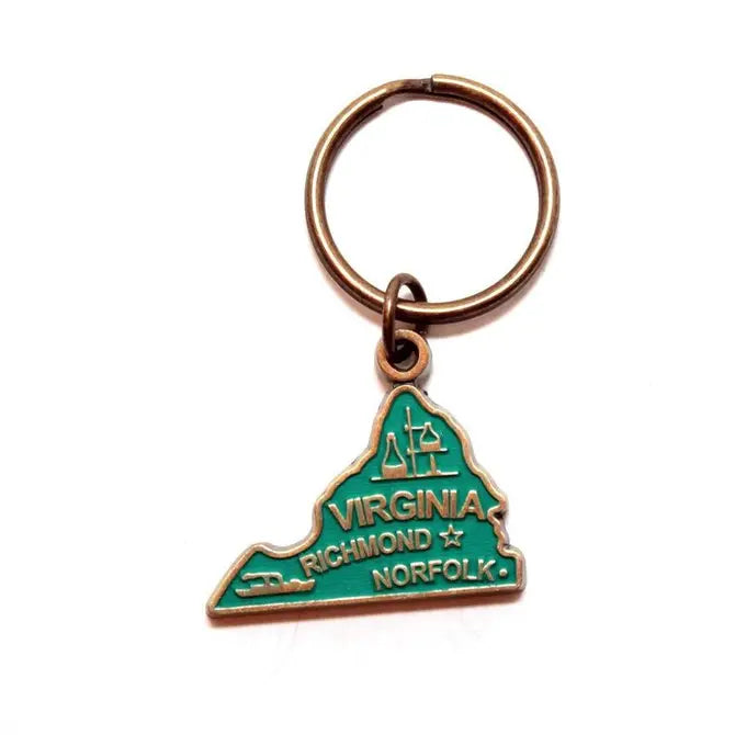 Virginia State Keychain shaped like state map, hand-painted, hypoallergenic, 1 3/8” charm on 1 3/4” bronze keychain.