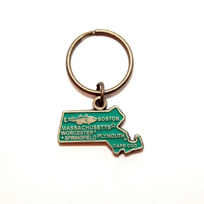 Massachusetts State Keychain, Bay State shape, fishing industry nod, 1 3/8” charm, 1” bronze keychain, hand-painted, hypoallergenic, lead-free, nickel-free.