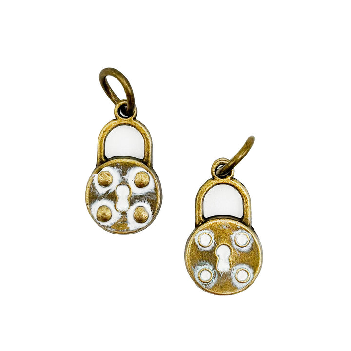 Antique Lock Charm with protective energy, hand-painted in Denver, CO, available as a charm on card, bracelet, or necklace. Hypoallergenic and lead-free.