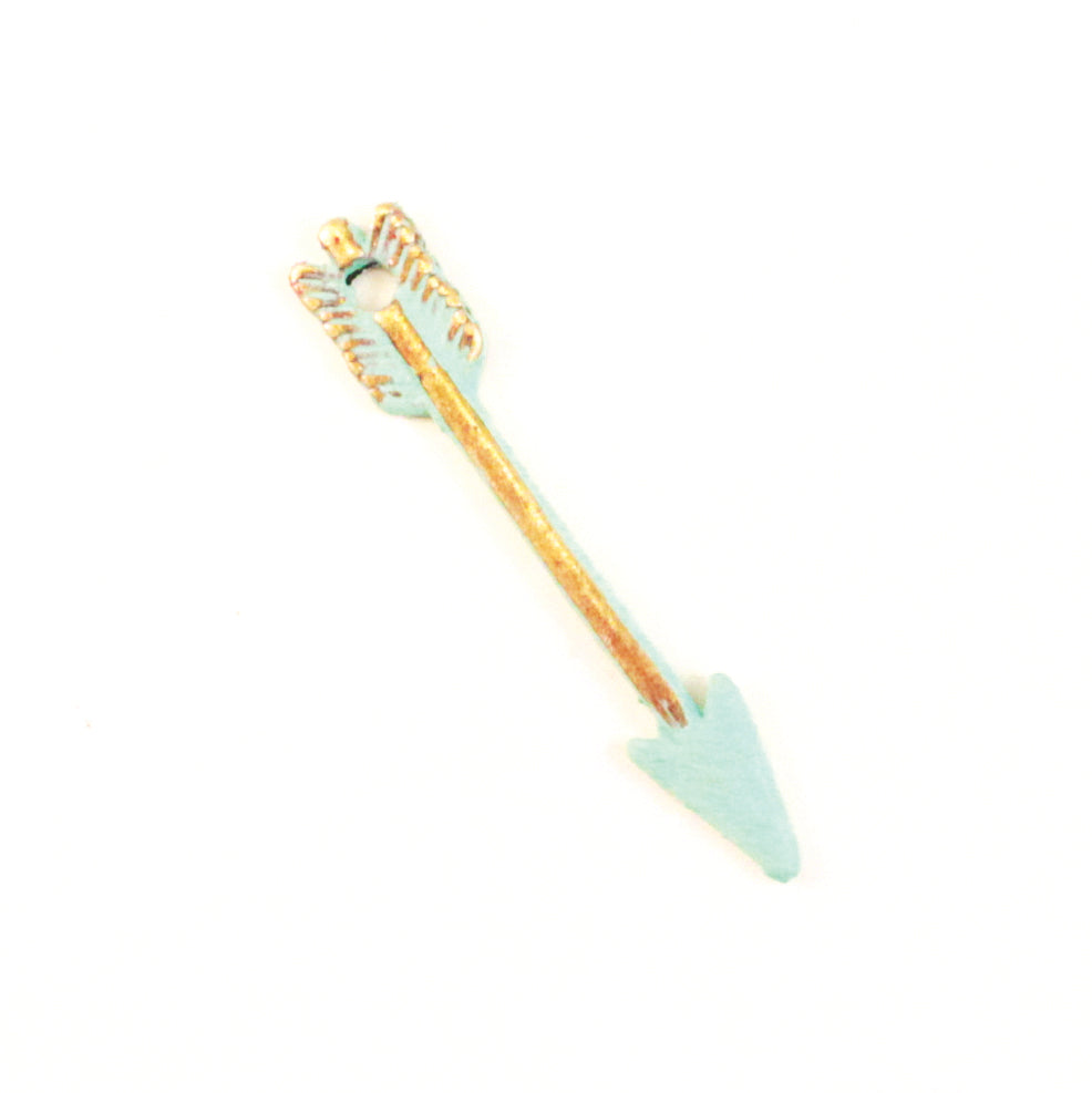 Antique bronze arrow charm painted mint and burnished to shiny gold. Charms come with attached jump ring.