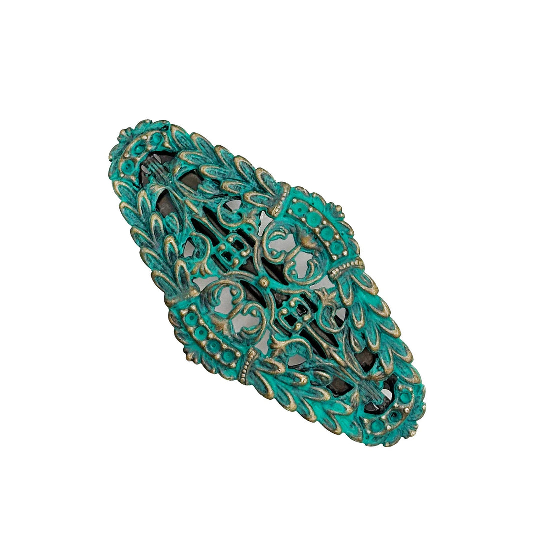 Greek goddess inspired filigree charm on barrette. Antique bronze hand-painted teal. Bohemian, laurel leaf style.