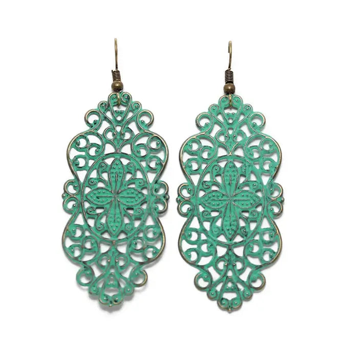 Loverlyer Filigree Earrings with delicate swirls, 2 1/4” wide, 3” drop, hand-painted in Denver, lightweight, hypoallergenic.