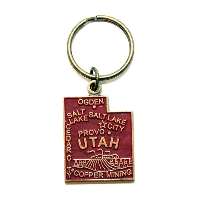 Utah State Keychain with State Map and Copper Industry Design, Hand-Painted, Hypoallergenic, 1 3/8” Charm on 1 3/4” Bronze Keychain