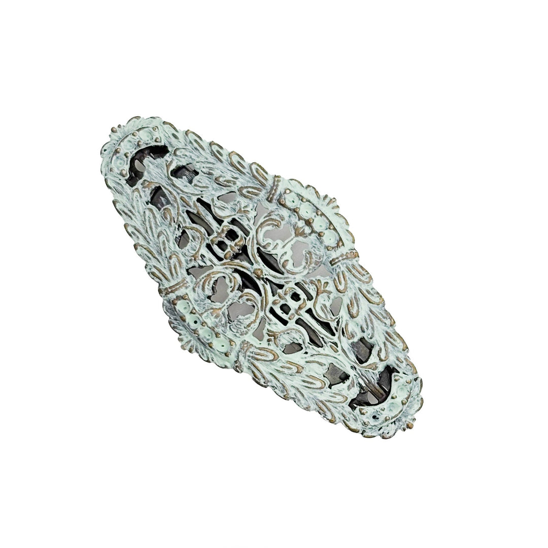 Greek goddess inspired filigree charm on barrette. Antique bronze hand-painted light mint. Bohemian, laurel leaf style.