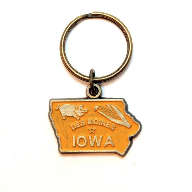Iowa State Keychain featuring farming and agricultural graphics, 1.5" charm on 1" bronze keychain, hand-painted by artisans in Denver, CO, hypoallergenic, lead-free, nickel-free.