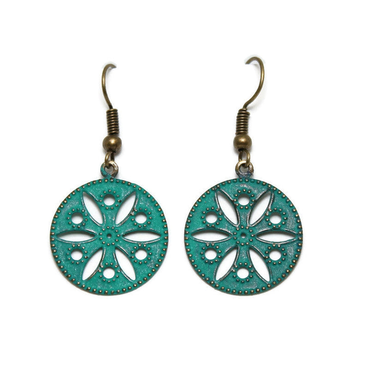 Small round antique bronze charms hand-painted teal and burnished. The pattern is remiscent of a vintage quilt. Attached to 1" ear wires. Total length is 1 1/2"