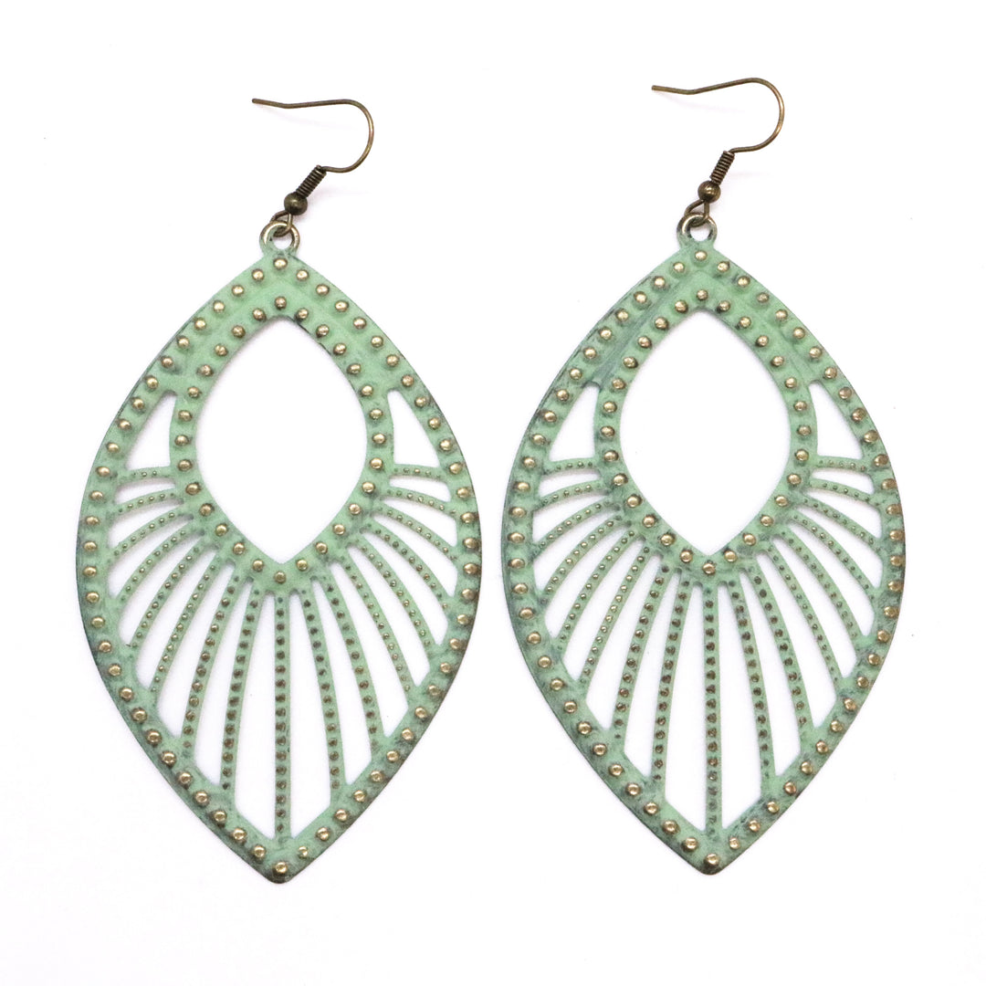 Large studded filigree charms with sweeping arcs hand-painted sage green. On 1" bronze ear hooks. 3 3/4" long. Art deco design.