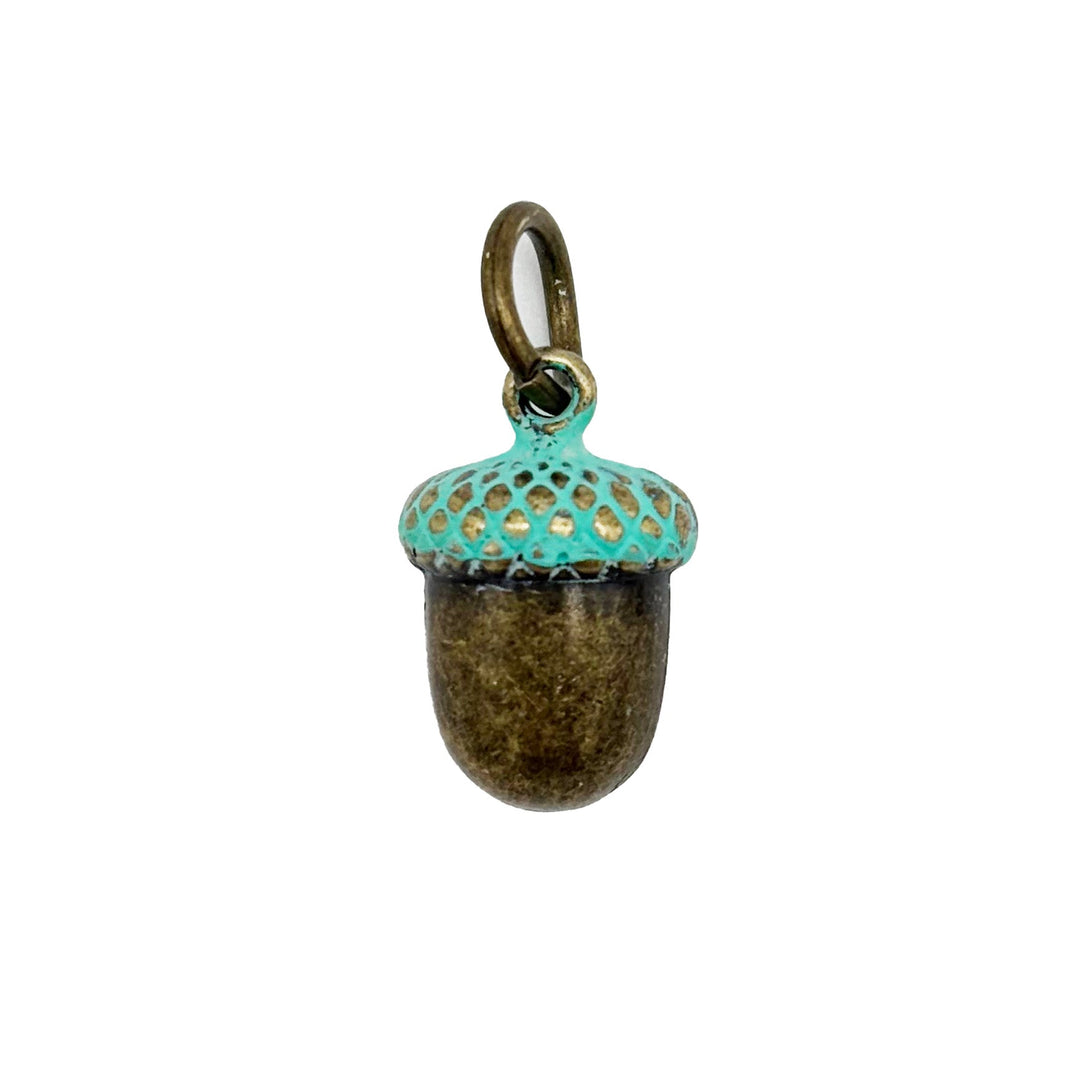 Antique bronze acorn charm with cap painted mint green.