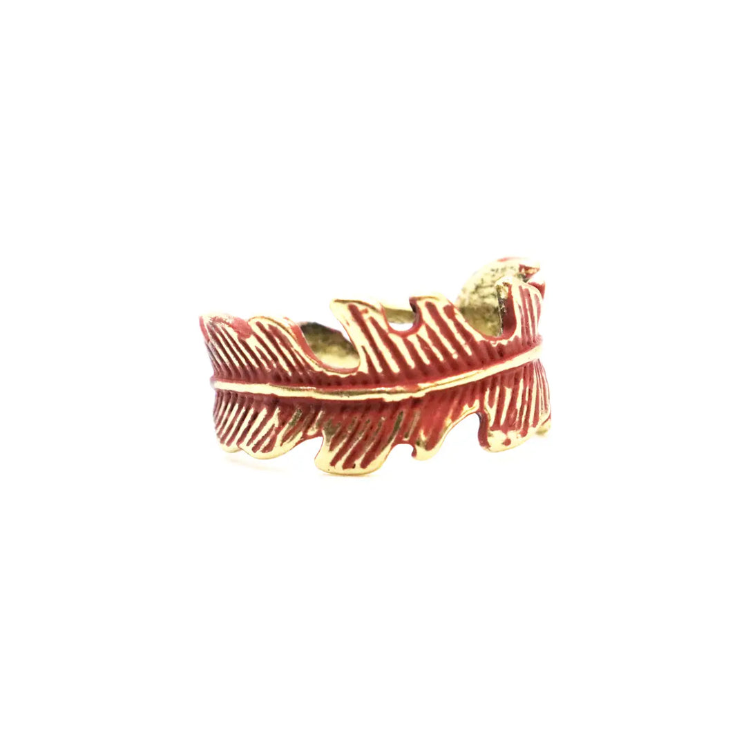 Gold-tone Feather Wrap Ring, hand-painted vintage patina finish, bohemian and western style, adjustable size 6-9, hypoallergenic, lead-free, nickel-free, artisan-made in Denver, CO.