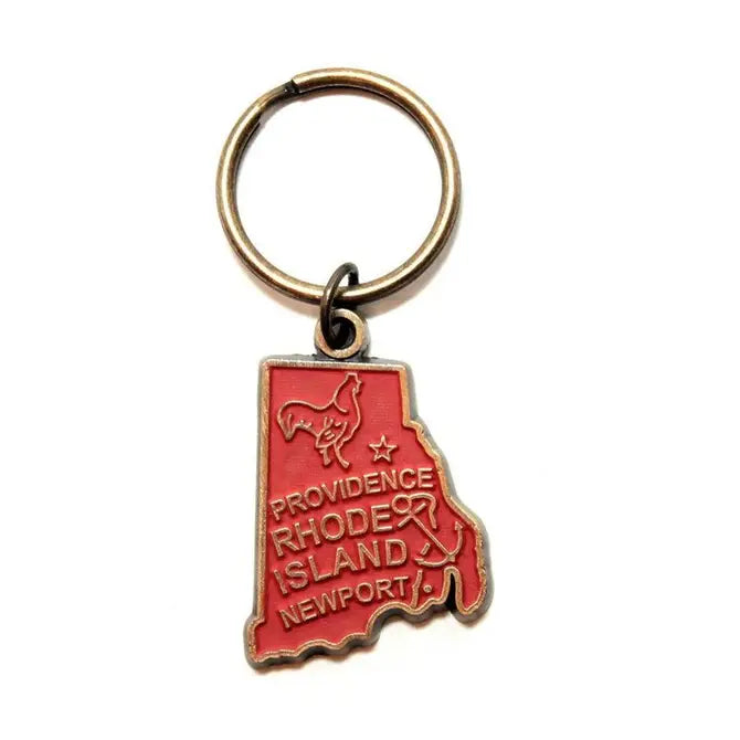 Rhode Island state map keychain with Rhode Island Red Rooster and nautical anchor, hand-painted, hypoallergenic, 1 5/8” charm on 1” bronze keychain.