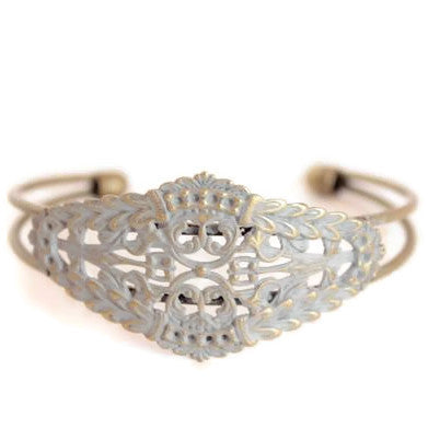 Greek goddess inspired filigree charm on cuff bracelet Antique bronze hand-painted light gray. Bohemian, laurel leaf style.