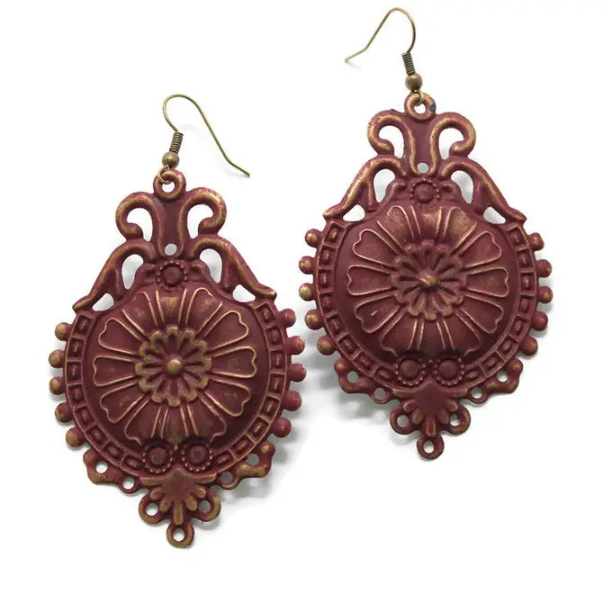 Warrior Shield Earrings with vintage medallion design, hand-painted in Denver, 3 1/4” drop, lightweight, hypoallergenic.