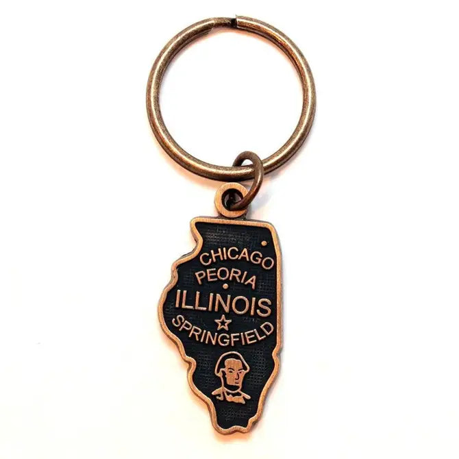 Illinois State Keychain, map-shaped, hand-painted, 1 5/8” charm, 1” bronze keychain, hypoallergenic, lead-free, nickel-free.