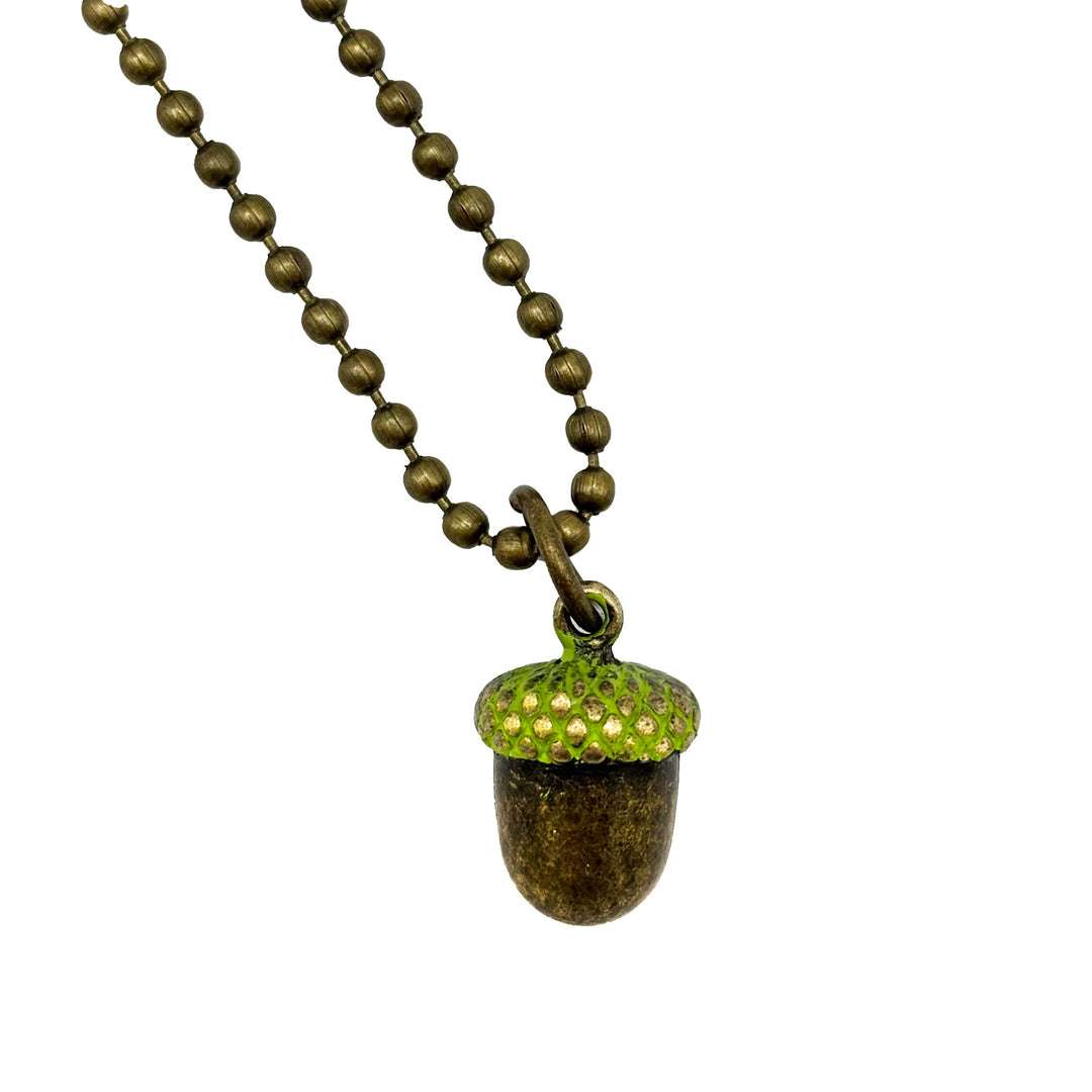 Antique bronze acorn charm with cap painted spring green. Shown on an 18" bronze ball chain.
