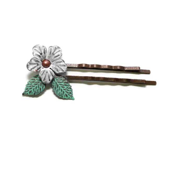 Perfect Bloom Bobby Pins with hand-painted floral and leaf design, 7/8” charms on 2 1/4” pins, hypoallergenic, crafted in Denver, CO.