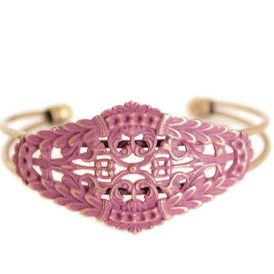 Greek goddess inspired filigree charm on cuff bracelet Antique bronze hand-painted mauve. Bohemian, laurel leaf style.