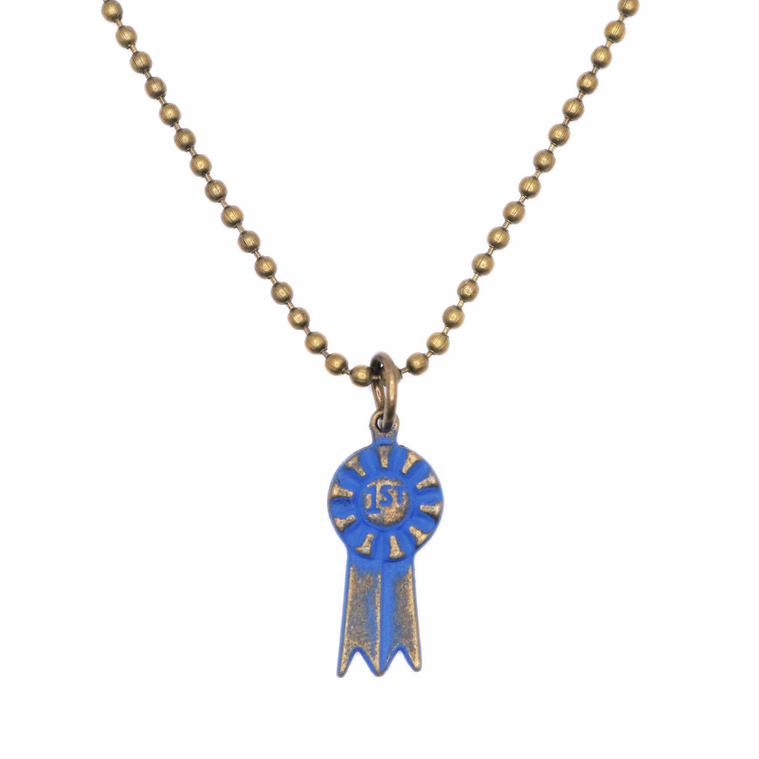 Blue Ribbon Charm - Symbol of Excellence and Recognition, Hand-Painted by Artisans, Available as Charm on Card, Bracelet, or Necklace, Hypoallergenic, Lead-Free, Nickel-Free, ½” Size with Jump Ring.