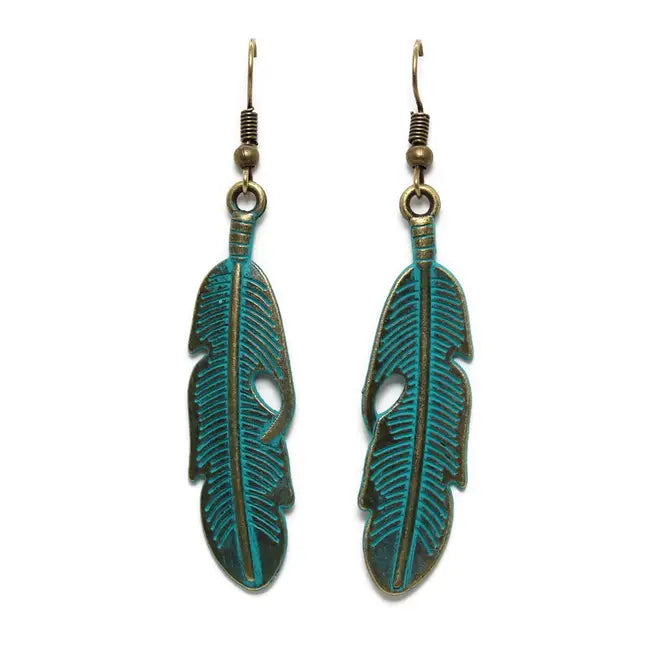 Spirit Feather Earrings with long boho feathers, 2 3/4” drop, hand-painted by artisans in Denver, CO, hypoallergenic, lead-free, nickel-free.