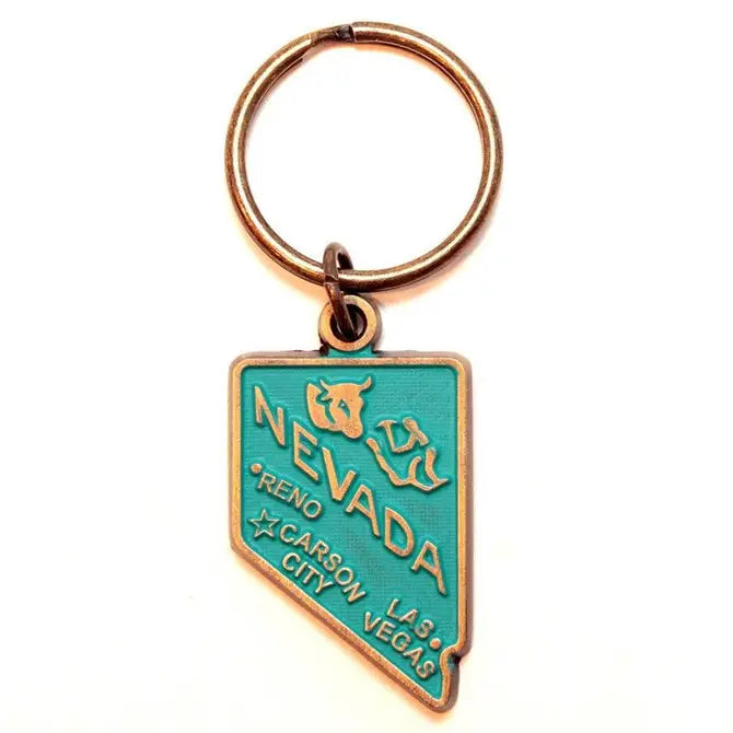 Nevada State Keychain - Silver State pride, state map shape, hand-painted, hypoallergenic, 1 5/8” charm, 1” bronze keychain.