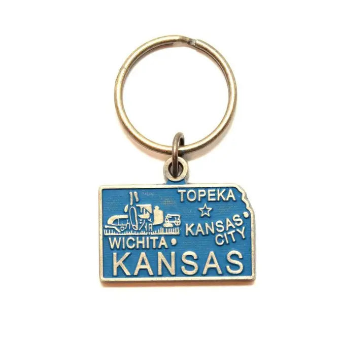 Kansas State Keychain with map details and agriculture theme, hand-painted charm, 1 3/8” long, on 1” bronze keychain, hypoallergenic.