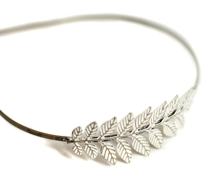Antique bronze heaband adorned with greek-inspired laurel charm. Hand-painted cream. Bohemian headband.