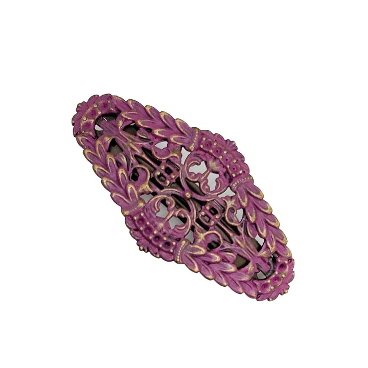 Greek goddess inspired filigree charm on barrette. Antique bronze hand-painted mauve. Bohemian, laurel leaf style.