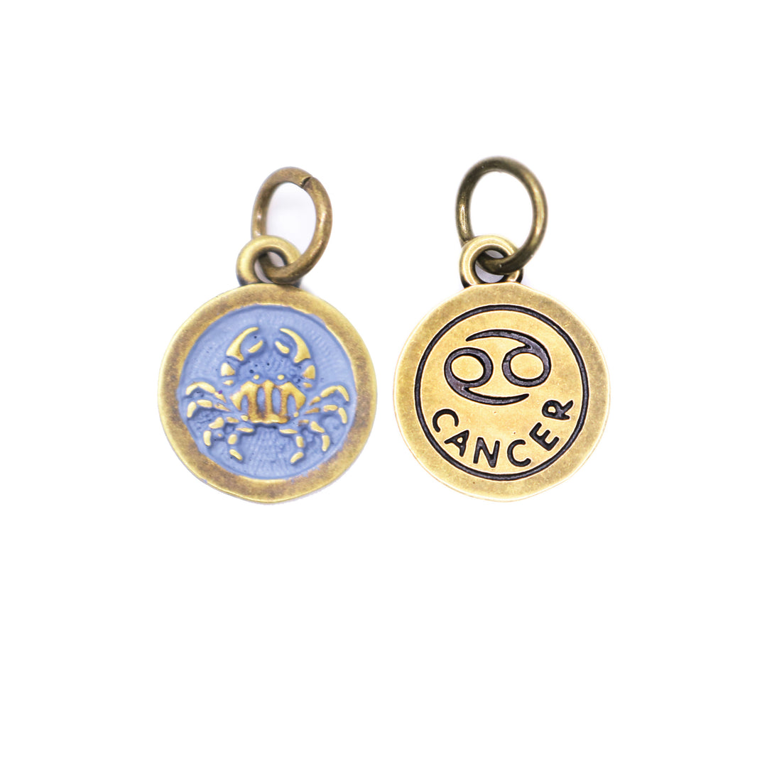 Cancer Zodiac Charm with Hand-Painted Design, Available as Charm on Card, Bracelet, or Necklace, Hypoallergenic and Lead-Free.