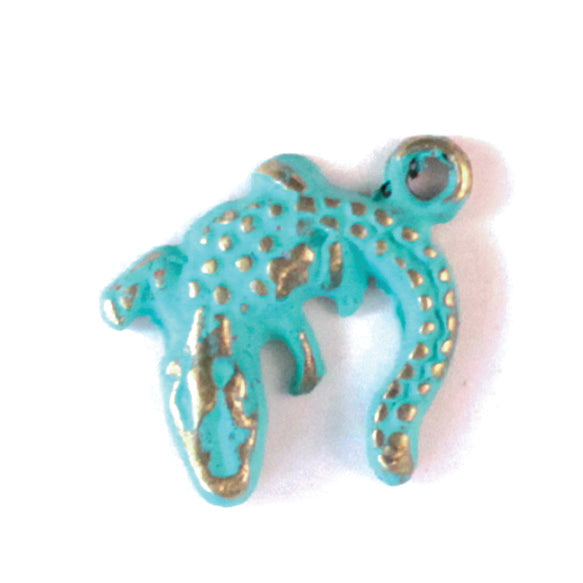 Antique bronze alligator crocodile charm hand-painted turquoise and burnished to shiny gold. Charms come with attached jump ring.