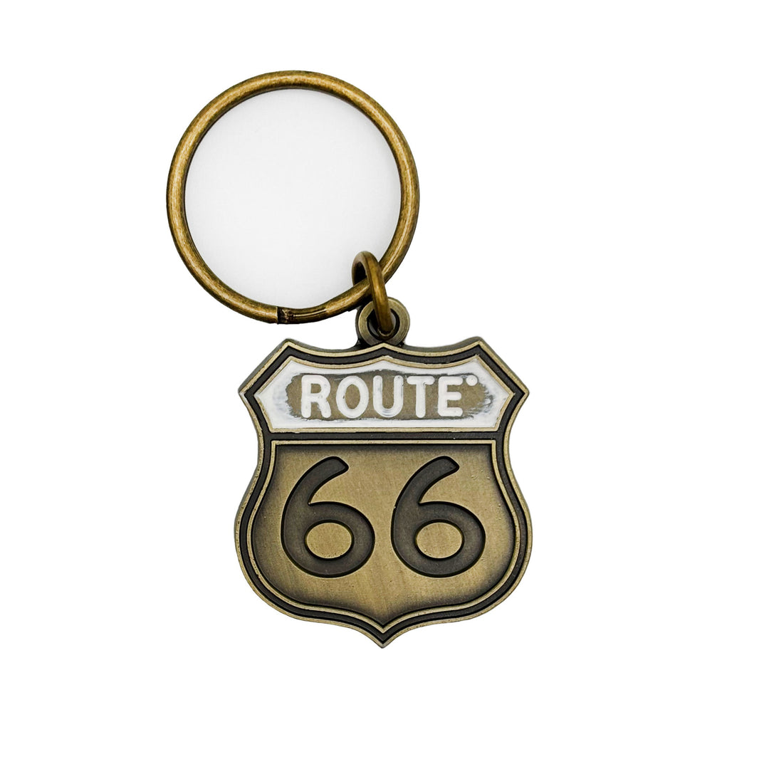Route 66 Keychain with hand-painted charm, 1 3/8” long, on a 1” bronze keychain, crafted by artisans in Denver, CO, hypoallergenic, lead-free, and nickel-free.