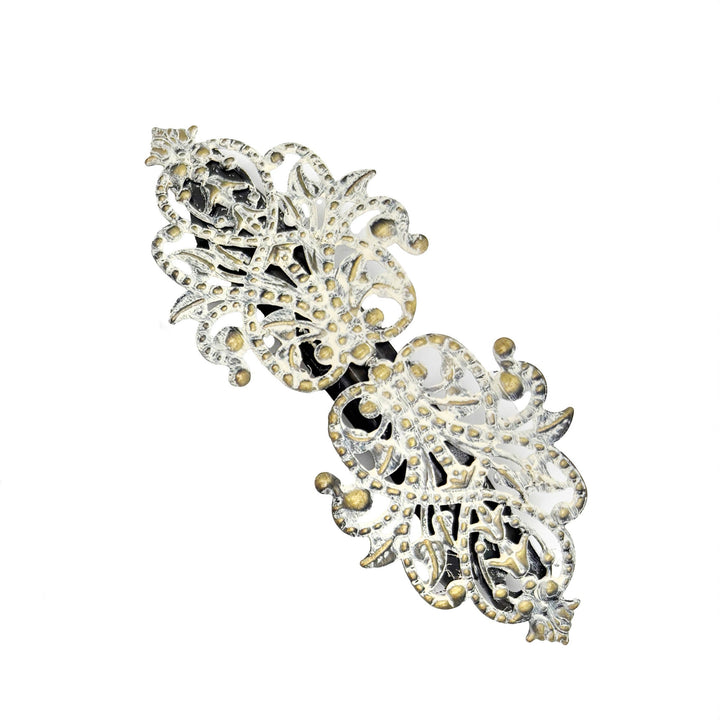 Muse Barrette with swirling ivy filigree, 3 ¾” charm on 2 3/4” barrette, hand-painted, hypoallergenic, lead-free, nickel-free.