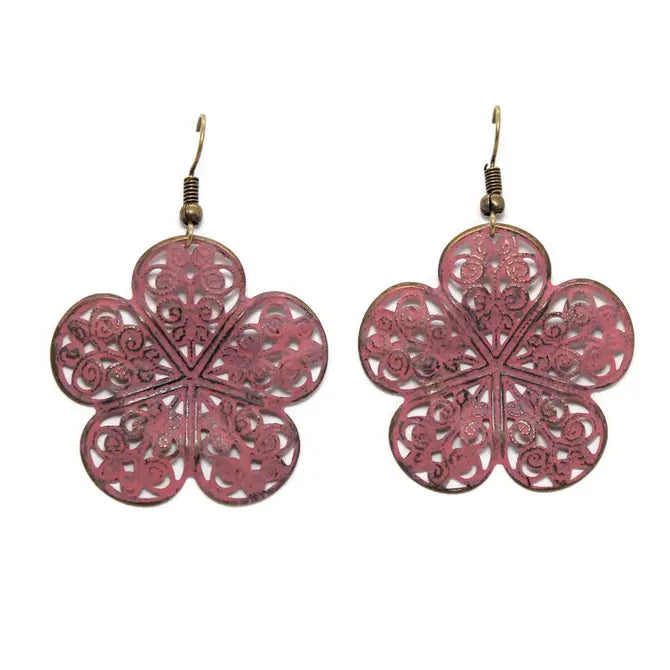 Lightweight flower filigree earrings with 2-inch drop, hand-painted, hypoallergenic, lead-free, nickel-free.