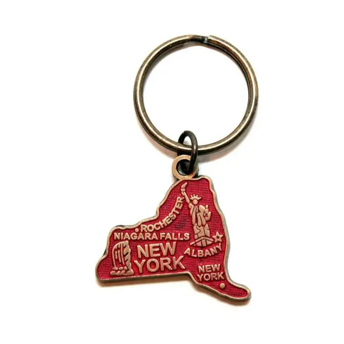 New York State map-shaped keychain with hand-painted charm, featuring landmarks like the Statue of Liberty and Niagara Falls, 1 3/8” long on a 1” bronze keychain, hypoallergenic and artisan-crafted.