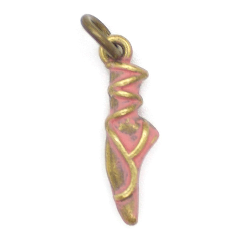 Antique bronze ballet slipper charm painted pink and burnished to shiny gold. Charms come with attached jump ring. Shown on an 18" antique bronze ball chain.