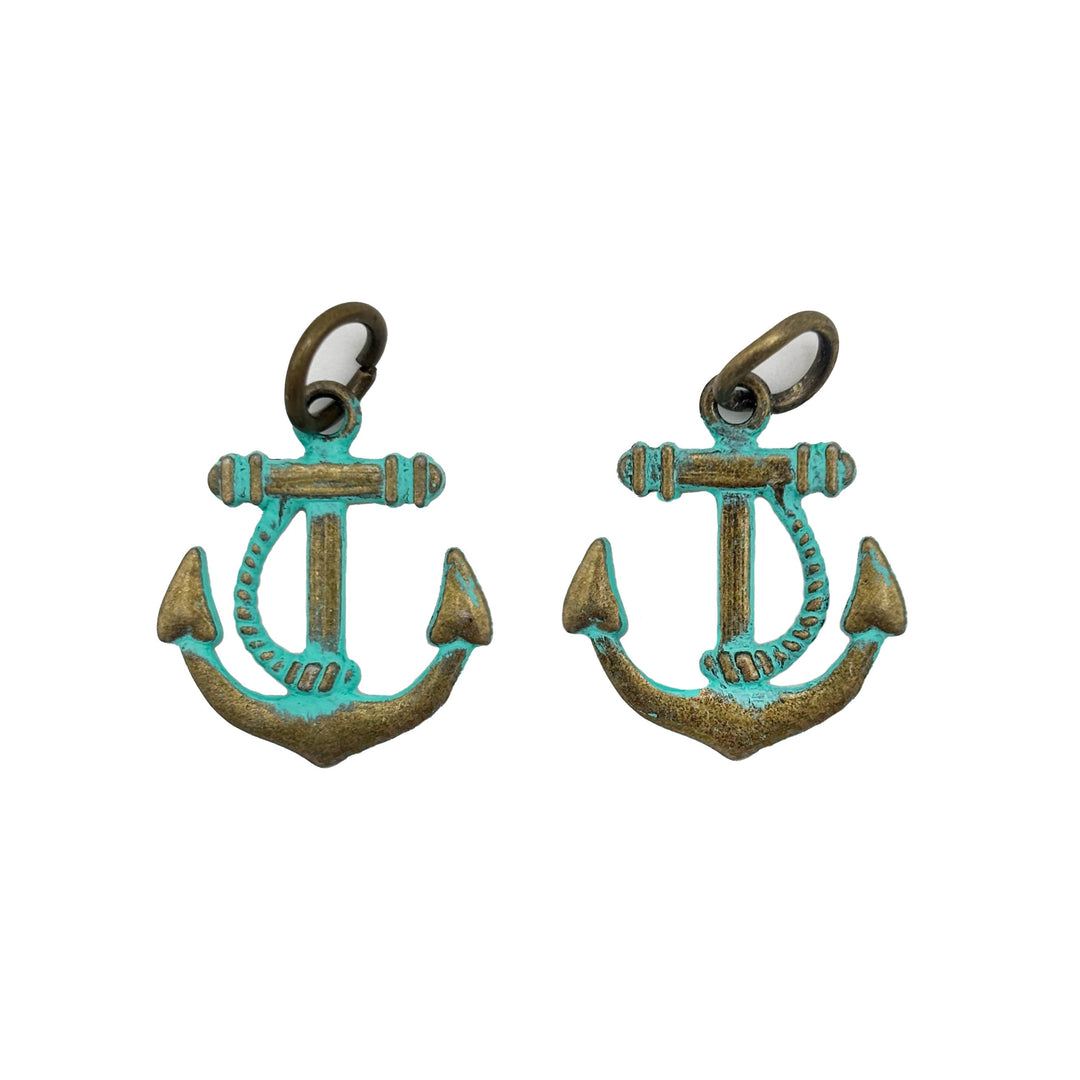 Antique bronze anchor charm with a winding rope. Hand-painted turquoise and burnished to shiny gold. Charms come with attached jump ring.