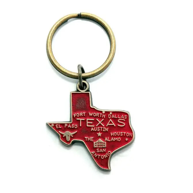 Texas State Keychain with Lone Star State map, The Alamo, and longhorn; 1 ½” charm on 1” bronze keychain; hand-painted in Denver, CO; lead-free and nickel-free.