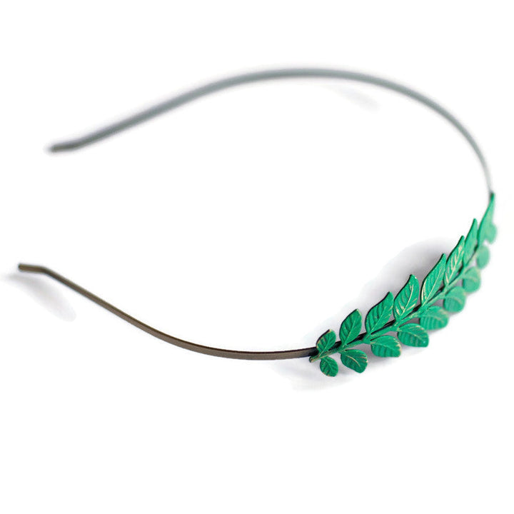 Antique bronze heaband adorned with greek-inspired laurel charm. Hand-painted grass green. Bohemian headband.