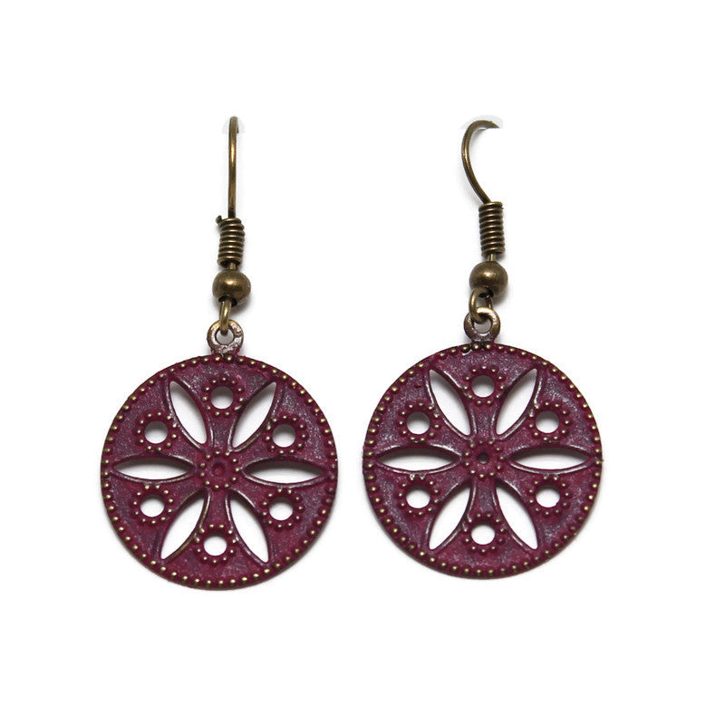 Small round antique bronze charms hand-painted mauve and burnished. The pattern is remiscent of a vintage quilt. Attached to 1" ear wires. Total length is 1 1/2"