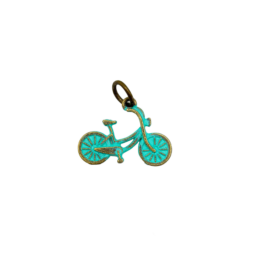 Antique bronze bicycle bike charm hand painted bright turquoise and burnished. Charms come with jump rings.