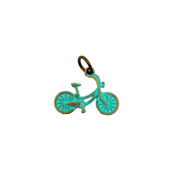 Antique bronze bicycle bike charm hand painted bright turquoise and burnished. Charms come with jump rings.