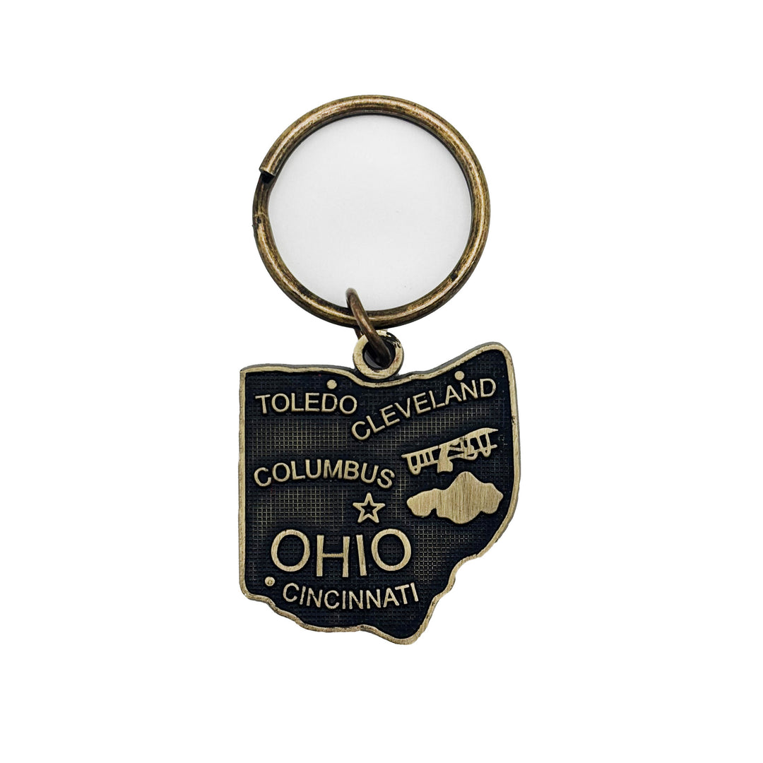 Ohio State Keychain with State Map Details, Hand-Painted Charm, Hypoallergenic, 1 3/8” Charm on 1” Bronze Keychain