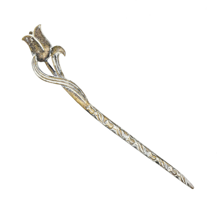 Vintage-inspired hair stick with Arts & Crafts era swirls and tulip design, hand-painted, hypoallergenic, 6 1/4” long.