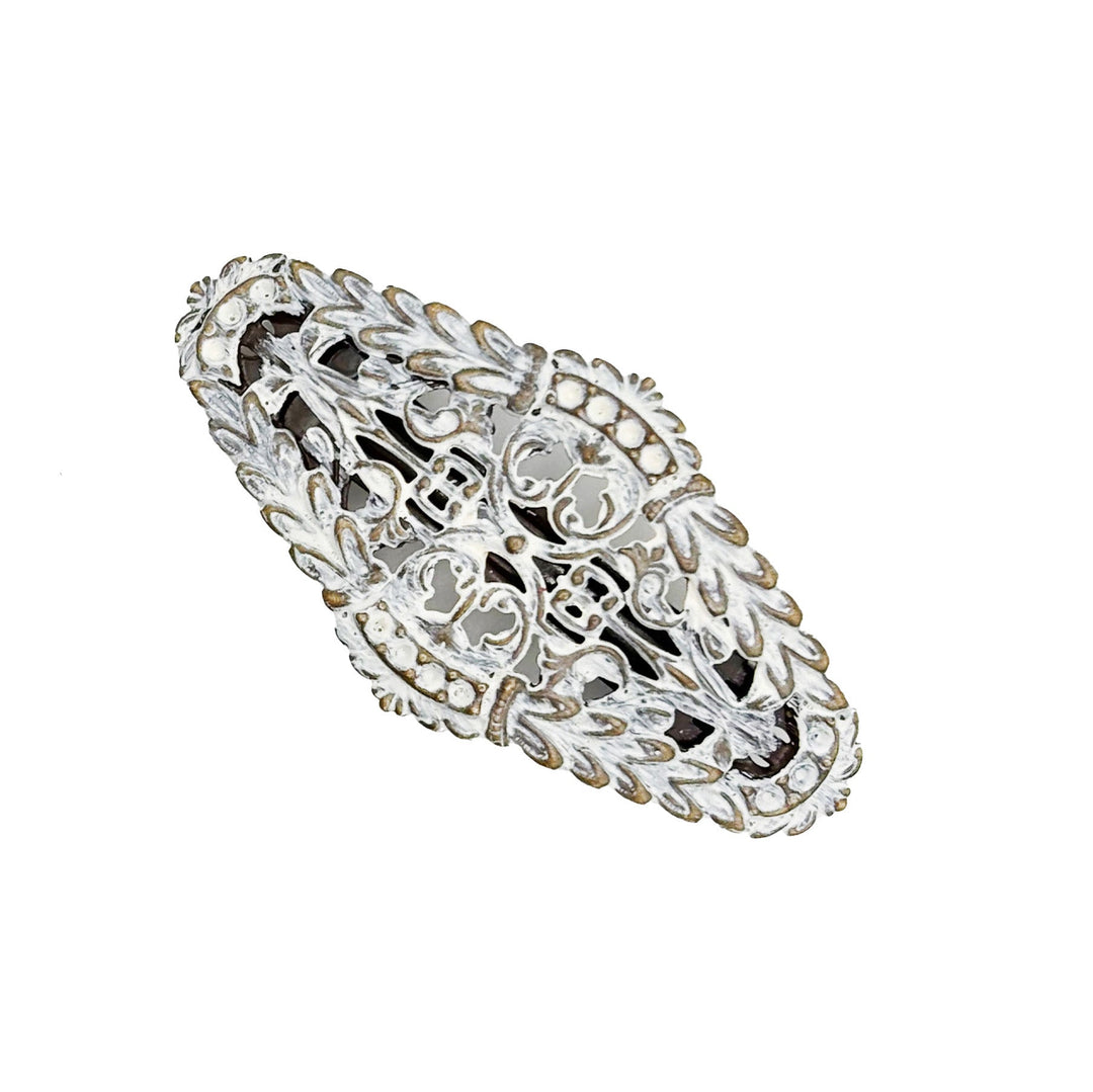 Greek goddess inspired filigree charm on barrette. Antique bronze hand-painted white. Bohemian, laurel leaf style.