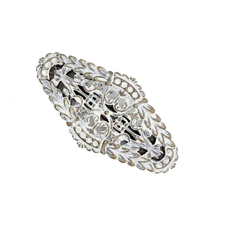 Greek goddess inspired filigree charm on barrette. Antique bronze hand-painted white. Bohemian, laurel leaf style.
