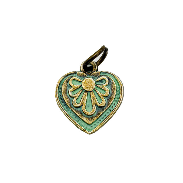 Antique bronze charm painted sage green and burnished to shiny gold. Graphic details mimic a blooming flower. Comes with attached jump ring.