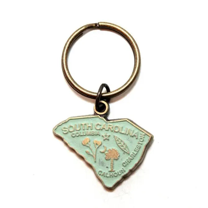 South Carolina map keychain with palm tree, 1.5" charm on 1" bronze keychain, hand-painted, hypoallergenic.