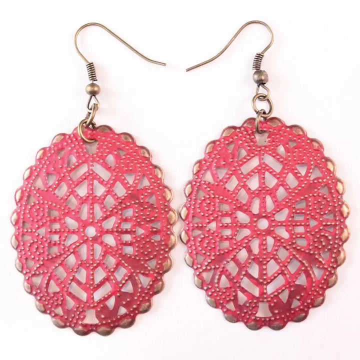 Gatsby Filigree Earrings - Large ovals with vintage flourishes, hand-painted, 1.5" wide, 2.5" drop, lightweight, hypoallergenic, lead-free, nickel-free.
