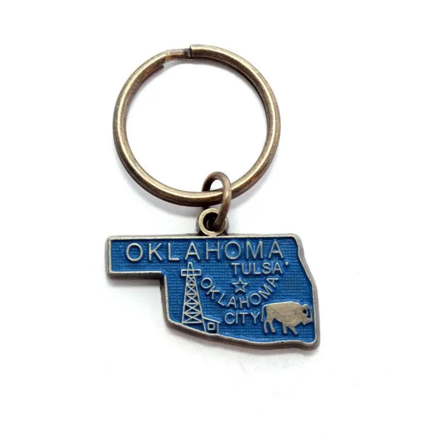 Oklahoma Keychain with Map, Oil Derrick, and Bison - Hand-Painted, Hypoallergenic, 1 3/8” Charm on 1” Bronze Keychain