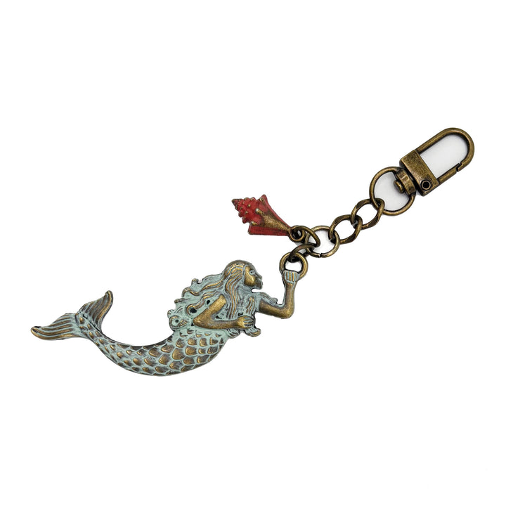 Mermaid bag charm with conch shell, hand-painted by artisans, 4.5" long, hypoallergenic.