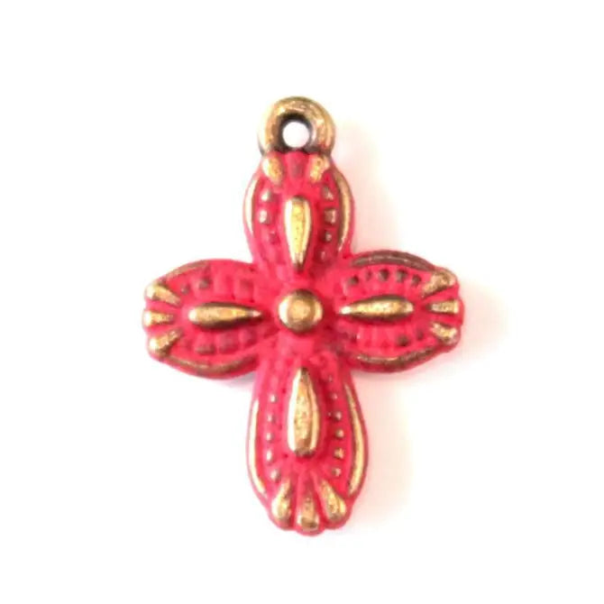 Western Cross Charm - Hand-painted, ½” size, available as a card charm, 7” brass hook bangle bracelet, or 18” antique bronze ball chain necklace. Hypoallergenic, lead-free, and nickel-free.