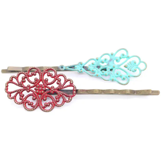 Harmony Mismatched Filigree Bobby Pins - Hand-painted, artisan-crafted, hypoallergenic, 1 ½” and 7/8” charms on 2 1/4” pins.